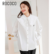 洛可可rococo夏季通勤花边娃娃，领衬衫女宽松长袖开叉白色棉上衣