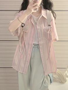 设计感粉色条纹绑带短袖衬衫女夏装日系学生宽松可爱洋气减龄上衣