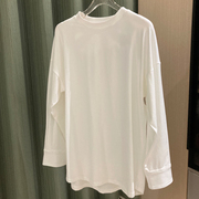 衬衫袖中长款白t恤女棉质弧形下摆设计感小众纯色长袖上衣打底衫