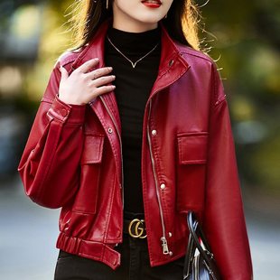秋季红色女春秋感小个子休闲短款西装外套pu黑色长袖皮衣