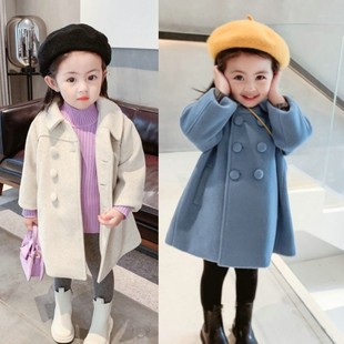 儿童韩版中长款加厚加棉大衣，2023冬款女童双排，扣呢子大衣宝宝外套