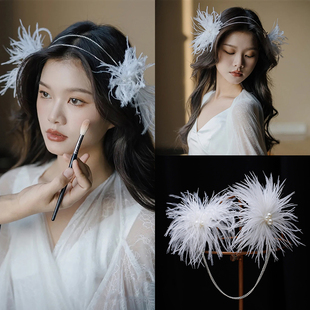 韩式仙美羽毛发夹头饰新娘，森系高档气质链条边夹头花，结婚造型配饰