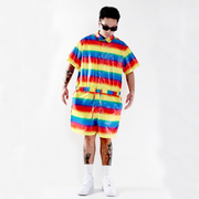 滑板街头潮牌hiphop嘻哈，复古夏季彩虹条纹，宽松连体夏威夷沙滩短裤