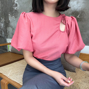 韩国东大门镂空系带西瓜红设计感圆领短袖衬衫T恤上衣女
