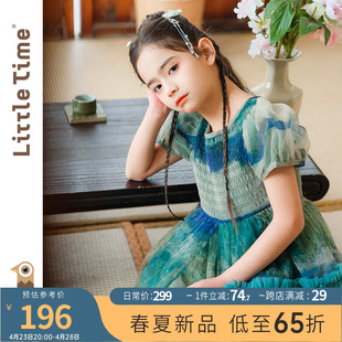 littletime女童绿色中国风网纱蓬蓬连衣裙2024夏季短袖公主裙