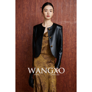 wangxo黑色圆领pu皮衣外套，女春季2024年休闲通勤百搭短款上衣
