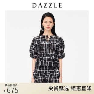 dazzle地素奥莱夏季法式泡泡，袖格纹连衣裙蛋糕裙女