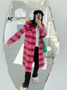 大衣女2023年粉色格子羊毛呢，子长款大衣女冬高级感设计感外套