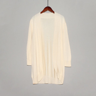 626 春秋款七分袖针织衫女欧美单时尚简约宽松显瘦米白色开衫外套