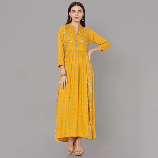 印度服饰传统民族风绵绸，连衣裙胸前刺绣，印花长裙黄色