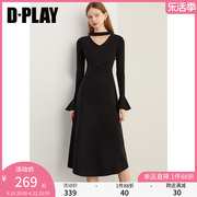 dplay春新气质半高领喇叭袖，黑色内搭针织连衣裙毛衣长裙女