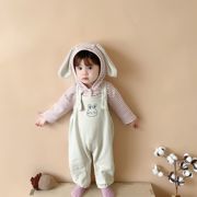 韩版婴儿衣服秋款连体衣套装长袖条纹兔耳朵连帽卫衣背带裤两件套