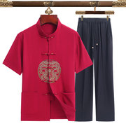 中式夏季情侣唐装男女棉麻，中国风汉服短袖，男中老年上衣裤子