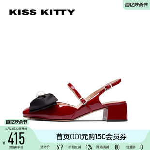 KISSKITTY婚鞋夏季女鞋法式甜美蝴蝶结粗跟时装凉鞋SA32403-81