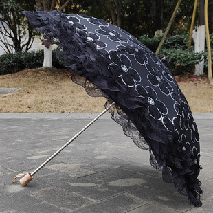 黑色蕾丝亮片太阳伞防紫外线二折黑胶晴雨两用防晒高档公主洋伞