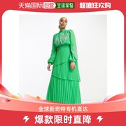 香港直邮潮奢 ASOS 女士设计高领层叠褶裥撞色刺绣绿色长款连衣裙