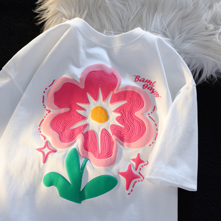 3D立体印花花朵短袖女夏季宽松小众潮牌韩式学院风情侣装t恤上衣