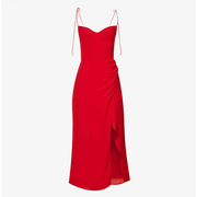 法式大红色雪纺v领性感吊带，连衣裙子小众，设计气质显瘦高端中长裙