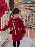 女童红色新年小香风呢子套装秋冬款2024宝宝加厚拜年服两件套