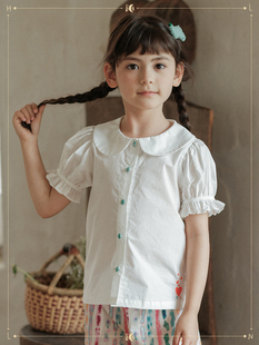 欧利娜利原创 80支新疆长绒棉夏款爱心刺绣复古彼得潘领衬衫 女童