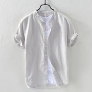 亚麻衬衫男士短袖夏季薄款宽松棉麻料白色衬衣潮流纯色个性上衣服