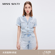 Miss Sixty夏季含麻棉牛仔连体裤女短袖钉珠腰带潮酷破洞毛边浅色