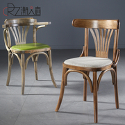 美式实木餐椅靠背简约圆背扶手椅中式咖啡厅餐厅软包皮椅子chair