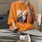 橙色短袖t恤男潮牌潮流，夏季宽松休闲上衣亲肤vintage美式复古半袖