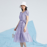 杨门短袖连衣裙泡泡袖圆领蛋糕裙中长款紫色雪纺裙2024夏季