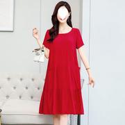 玫红色连衣裙妈妈棉绸女夏装，人造棉中长裙中年遮肚色裙子