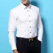 高端轻奢商务男长袖高领2扣黑扣纯色白衬衣英式免烫修身上班衬衫