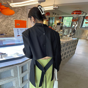 秋季韩版黑色宽松廓肩设计感前长后短不对称西装后背系扣外套