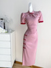 粉色新中式国风改良旗袍连衣裙，女夏季长裙法式赫本风高端礼服裙子