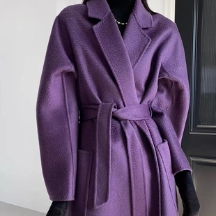 自在小个子紫色水波纹浴袍大羊毛，双面呢大衣女，高级感浴袍款外套冬