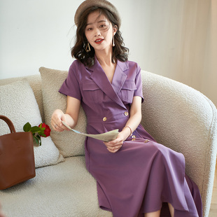 夏季紫色垂坠免熨烫双排扣法式小众连衣裙复古御姐风干练西装裙子