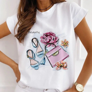woment-shirt香水包包女孩，卡通印花时尚宽松女t恤圆领休闲短袖