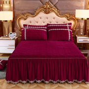 水晶绒夹棉加厚保暖蕾丝边床裙式床罩单件1.8m床套席梦思保护冬季