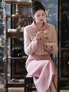 粉色毛呢外套套装韩剧女主穿搭名媛小香风半身裙子两件套秋冬2023