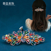 韩国发夹头饰顶夹发卡复古弹簧夹，水晶水钻妈妈，镶钻优雅孔雀半扎发