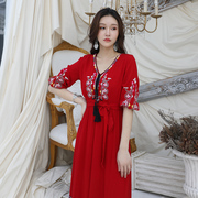 连衣裙波西米亚红色纯棉刺绣舒适流苏海南三亚旅行民族风度假长裙