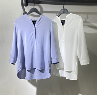061915D 原 蓝色/白色V领宽松显瘦套头九分袖衬衫日本风格识体店