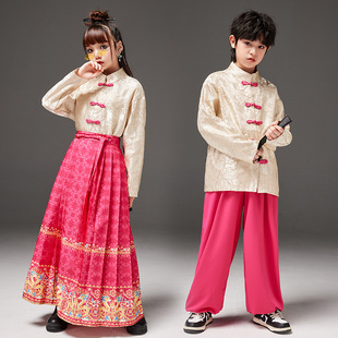 复古中式儿童提花盘扣上衣唐装中大女童修身桃红色马面裙套装