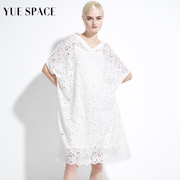 yuespace蕾丝衫宽松长款镂空时尚休闲女士，夏季v领两面穿短袖罩衫