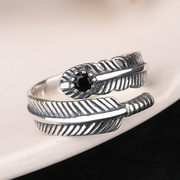 新概念s925纯银 羽毛黑锆石泰银戒指复古做旧个性ins潮冷淡风指环