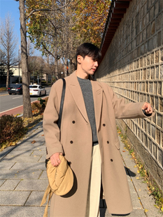MRDONG韩国男装高档双排扣设计师款戗驳领长款羊毛呢大衣外套