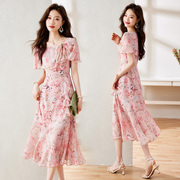 2023夏季长款女装，韩版夏装裙子雪纺碎花粉色，短袖长裙连衣裙
