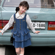 女童牛仔连衣裙春装2024韩版儿童，衬衫荷叶边短裙套装两件套潮