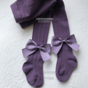 女童纯棉连裤袜紫色宝宝精梳棉，无骨缝长袜，蝴蝶结造型打底裤袜加档