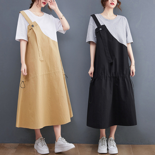 假两件宽松t恤拼接连衣裙女夏季日系小众设计感撞色背带长裙套装