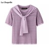 拉夏贝尔/La Chapelle设计感披肩针织衫短袖女T恤夏季条纹上衣